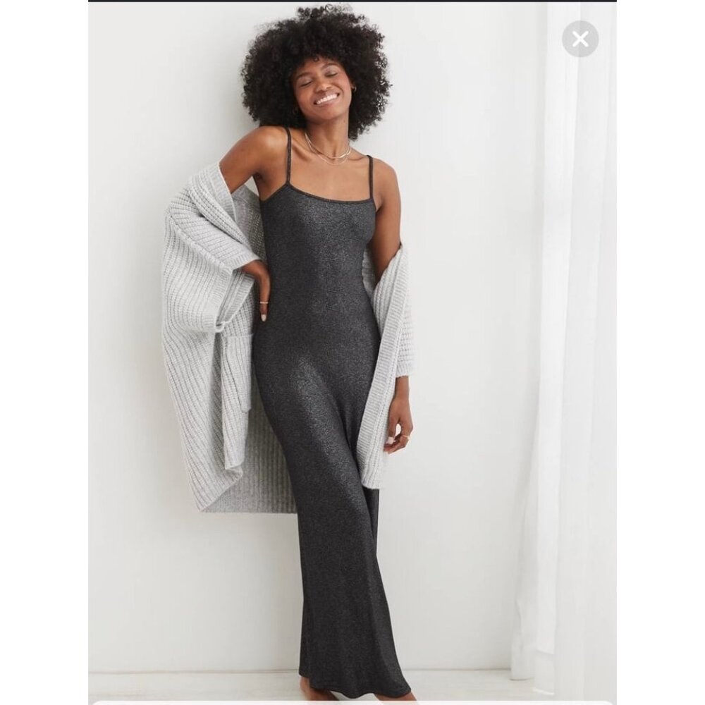 C5 Aerie No Party Needed Black Maxi Dress Metallic Large Ribbed Womens